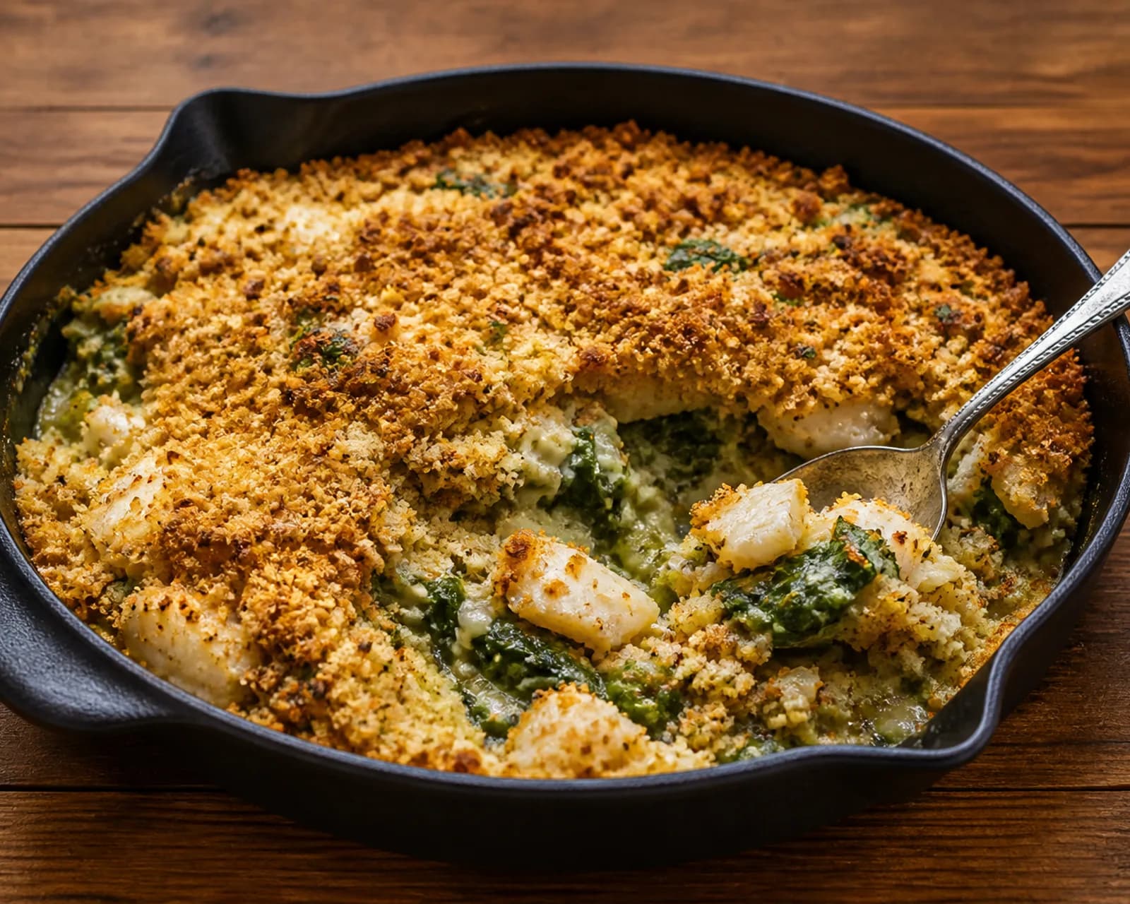 Cod and vegetable bake with mustard cream sauce, leeks and baby potatoes.
