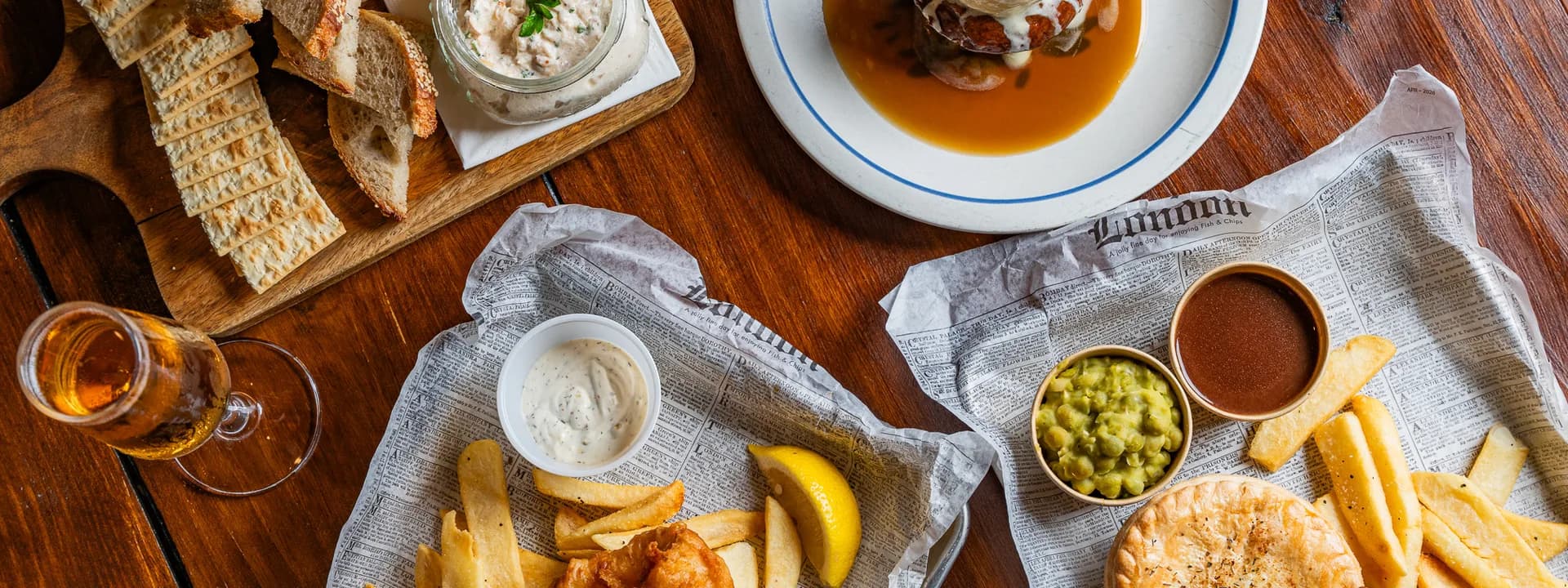 British pub food at The Oxbow — a spread from the kitchen