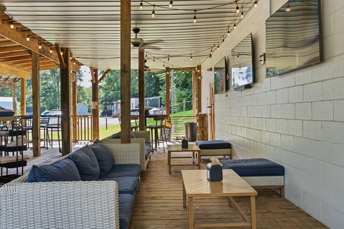 The riverside deck at dusk